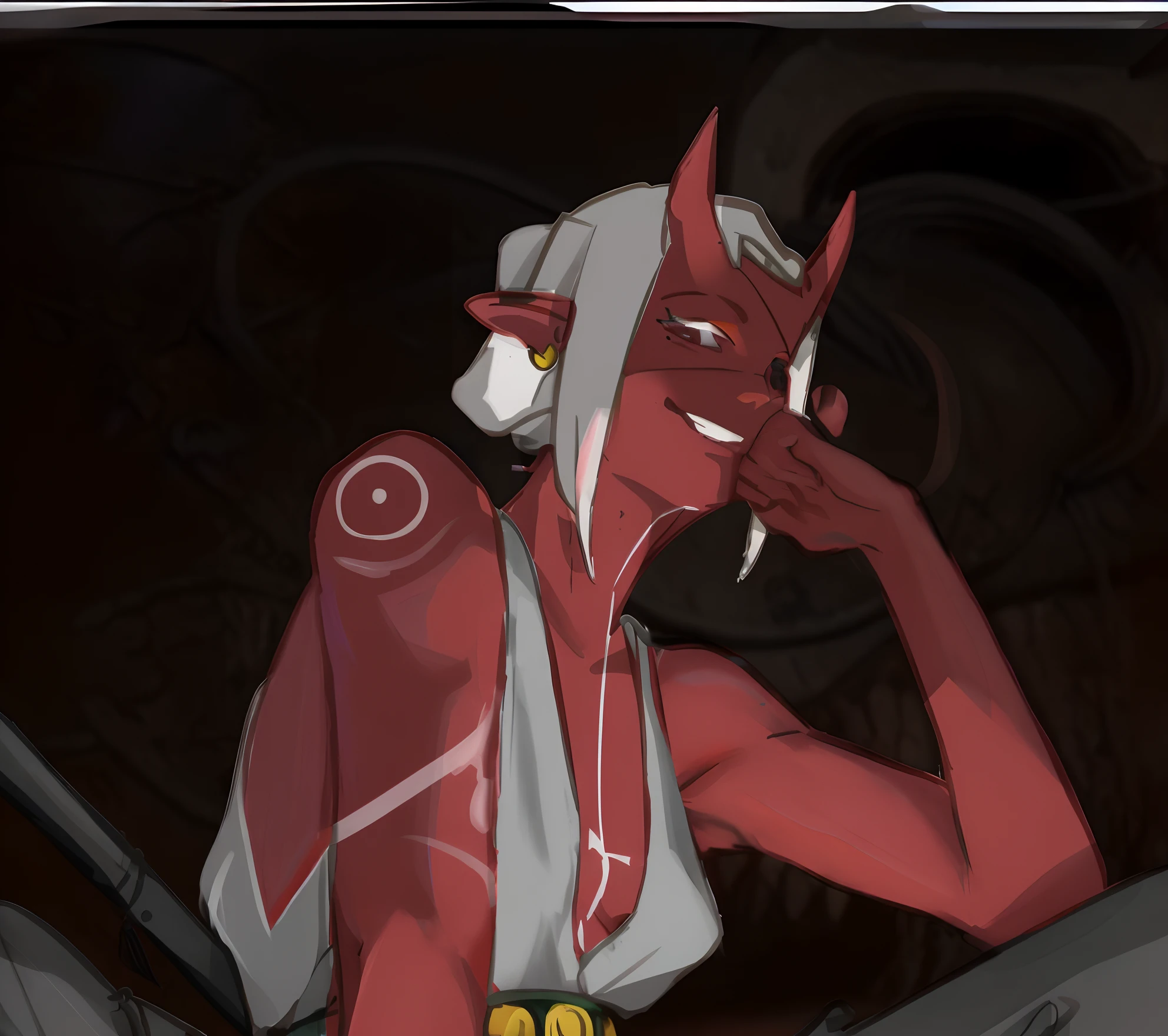 A beautiful female demon Asian squats on a platform with red skin，，Long horns on the head，Hands on your head，1个Giant Breast Girl，Colored skin，red colored skin，baggypants，White color hair，The underground illuminates upwards，Dangerous smile，Loose top，Clothes open deep V，A white cross is tattooed on the chest，big breasts beautiful，Look up