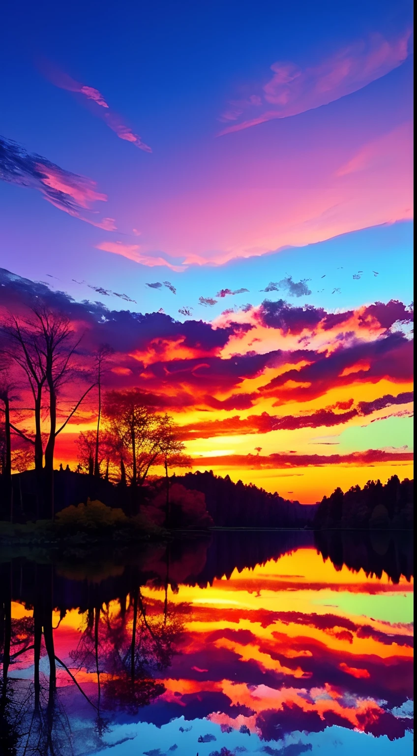 there is a beautiful sunset with a lake and trees in the background, colorful skies, surreal colors, colorful sunset, colorful sky, marvellous reflection of the sky, stunning sky, dream like atmosphere 8k, colorful clouds, colors reflecting on lake, surreal sky, red and blue reflections, fire reflection, beautiful sky, beautiful and spectacular dusk, beautiful dreamy landscape, amazing sky