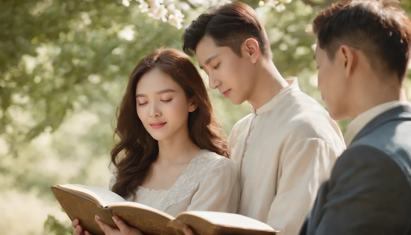 (Best Quality,Ultra-detailed,realisitic:1.37),portrait of a,Korean men and women reading the Bible,Oil Painting,Cathedral attire, View of the cathedral in the distance,Peaceful garden scene,Soft sunlight,tranquil expression,wisdom,Bible Quotes,vibrant colours,delicate brushwork,subtle textures,lush greenery,Contemplative atmosphere,Beautiful picture book,Highlighted features:Eyes in focus,gentle smiling,Graceful posture,Sunlight shining through the trees,rays,Quiet surroundings,serene ambiance,A Blessed Moment