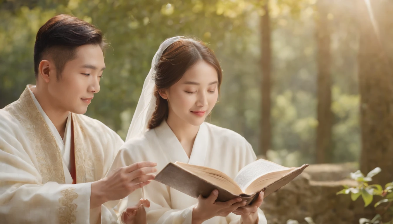 (Best Quality,Ultra-detailed,realisitic:1.37),portrait of a,Korean men and women reading the Bible,Oil Painting,Cathedral attire, View of the cathedral in the distance,Peaceful garden scene,Soft sunlight,tranquil expression,wisdom,Bible Quotes,vibrant colours,delicate brushwork,subtle textures,lush greenery,Contemplative atmosphere,Beautiful picture book,Highlighted features:Eyes in focus,gentle smiling,Graceful posture,Sunlight shining through the trees,rays,Quiet surroundings,serene ambiance,A Blessed Moment