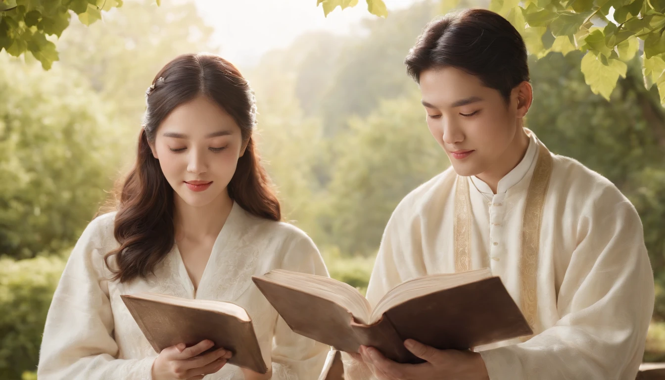 (Best Quality,Ultra-detailed,realisitic:1.37),portrait of a,Korean men and women reading the Bible,Oil Painting,Cathedral attire, View of the cathedral in the distance,Peaceful garden scene,Soft sunlight,tranquil expression,wisdom,Bible Quotes,vibrant colours,delicate brushwork,subtle textures,lush greenery,Contemplative atmosphere,Beautiful picture book,Highlighted features:Eyes in focus,gentle smiling,Graceful posture,Sunlight shining through the trees,rays,Quiet surroundings,serene ambiance,A Blessed Moment