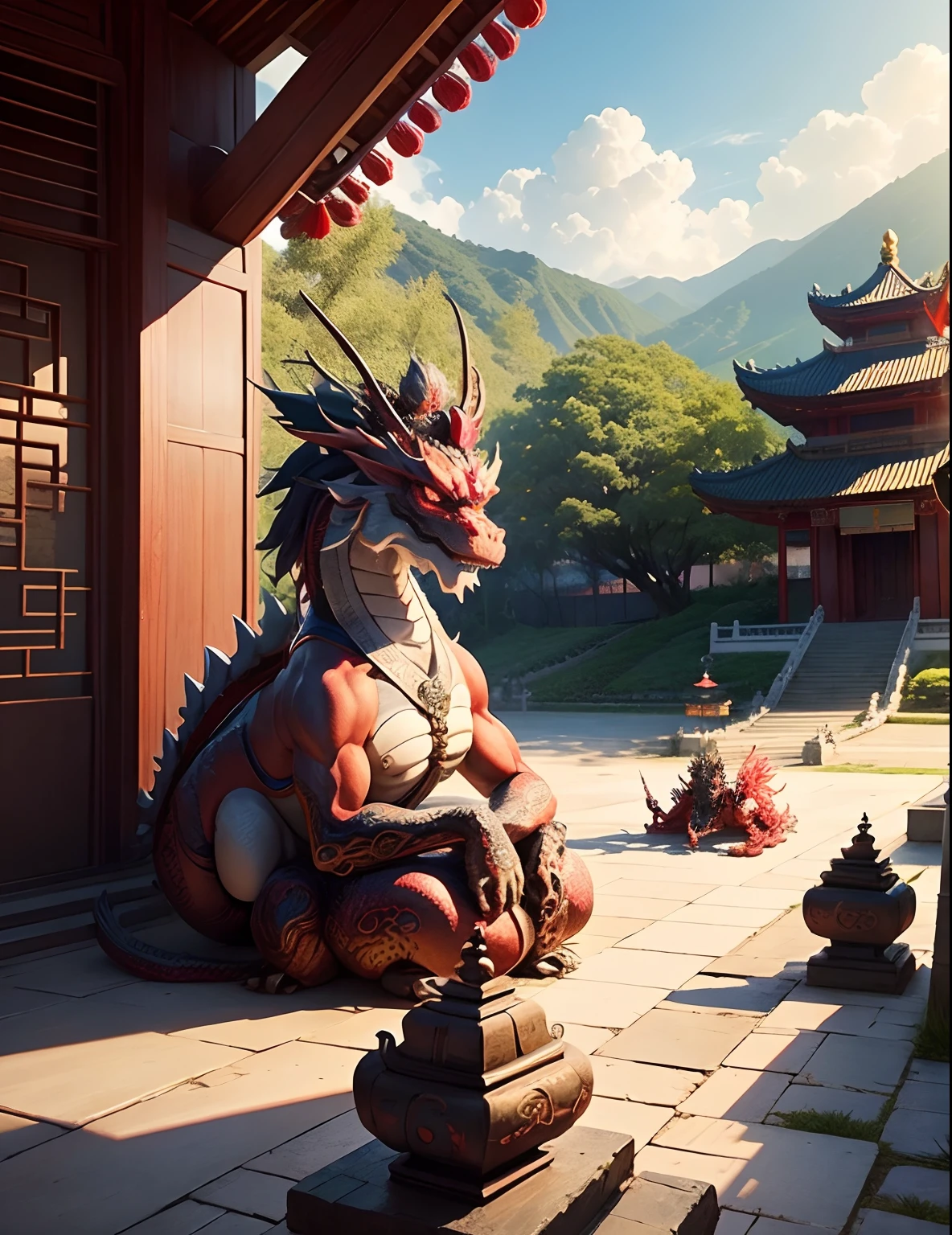 Generate a beautiful Chinese dragon on a Temple with crown , Chinese punk, some anime people on ground