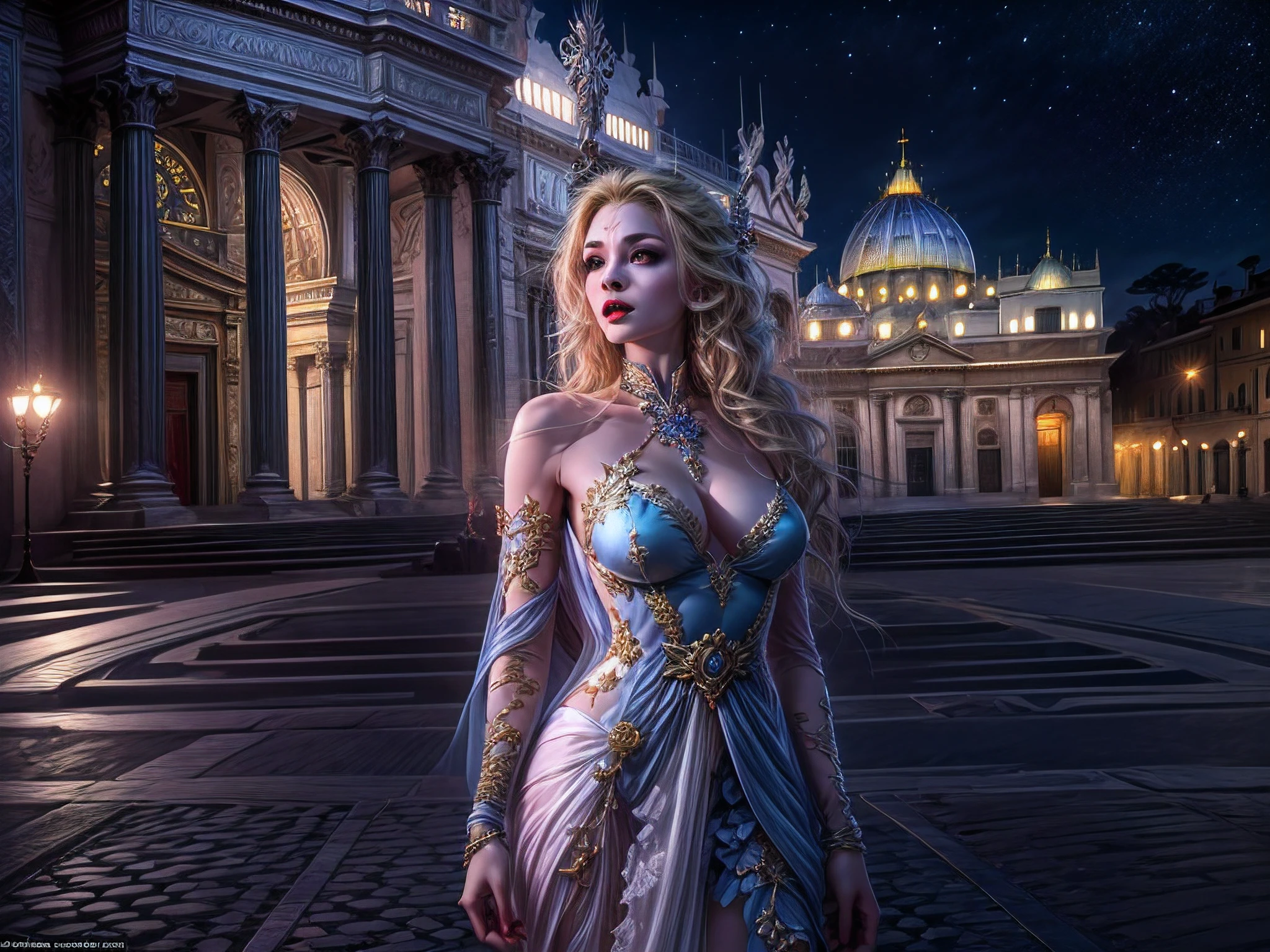 fantasy art, RPG art, photograph, RAW, (Ultra detailed: 1.5), Best Detailed, wide angle shot, picture of a vampire standing in St. Peter in the Vatican, an exquisute beautiful woman, pale skin, red lips, vampiric fangs, blood veins visible, blond hair, long hair, wavy hair, red glowing eyes, wearing dark blue silk dress, high heels, standing in in Vatican city, at night, full moon, stars in the sky, St. Peter square background, best quality, (extremely detailed), ultra wide shot, photorealism, depth of field, hyper realistic, 2.5 rendering, model715