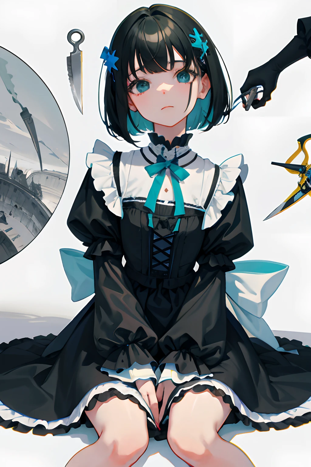 hand between legs,child,(masterpiece,Highest Quality),shortsleeves,Blue-green Gothic Lolita,Sleepy face,A dark-haired,Medium bob,utility knife,Small scissors