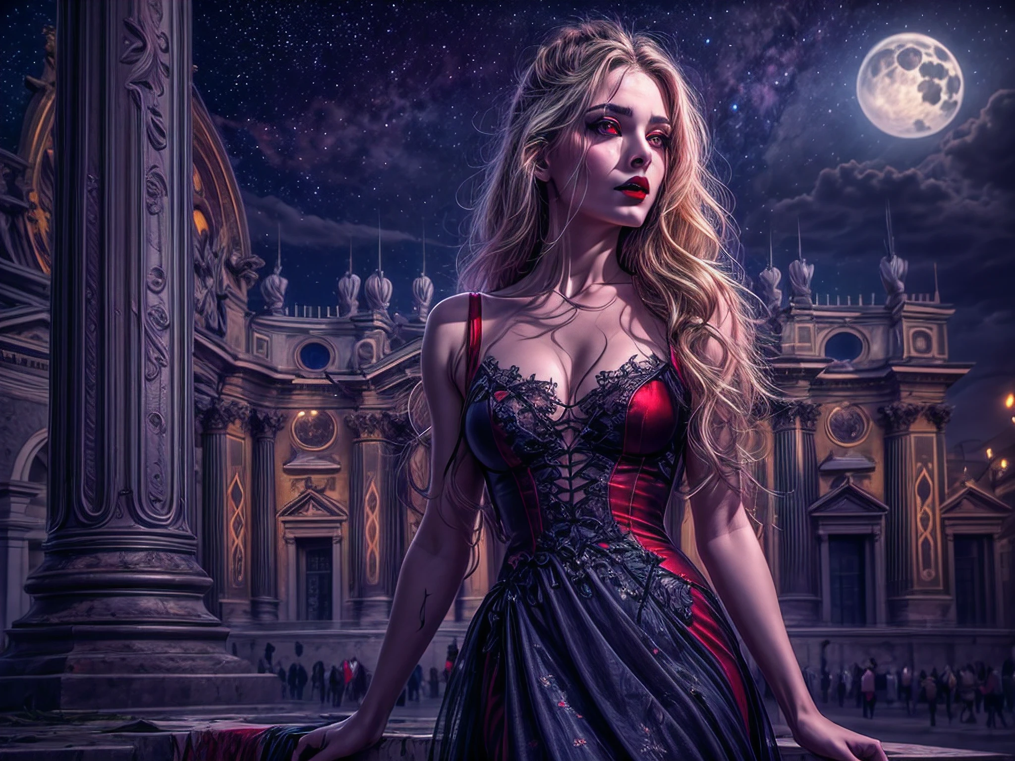 fantasy art, RPG art, photograph, RAW, (Ultra detailed: 1.5), Best Detailed, picture of a female vampire standing in St. Peter in the Vatican, an exquisute beautiful female vampire, full body, (best detailed face: 1.2), (grey skin: 1.2), red lips, (vampiric fangs1:1) (blood veins visible: 1.3), ultra feminie, blond hair, long hair, rich, flowing hair,wavy hair, red glowing eyes, wearing short dress, silk dress, intricate detaled dress, high heels, standing in St. Peter square in Vatican city, at night, full moon, stars in the sky, St. Peter square background, best quality, (extremely detailed), ultra wide shot, photorealism, depth of field, hyper realistic, 2.5 rendering,