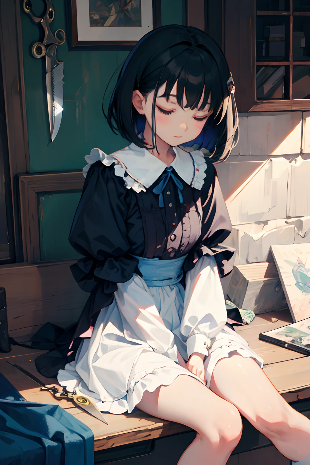 hand between legs，child，（​masterpiece，Highest Quality），shortsleeves，Blue-green Gothic Lolita，Sleepy face，A dark-haired，Medium bob，utility knife，Small scissors