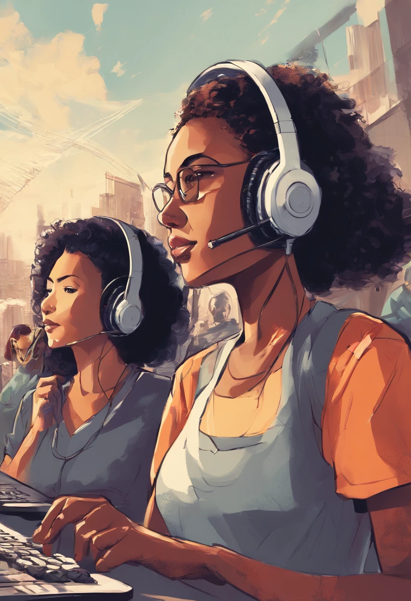three women multiracial, one woman with headphone telemarketing and one man