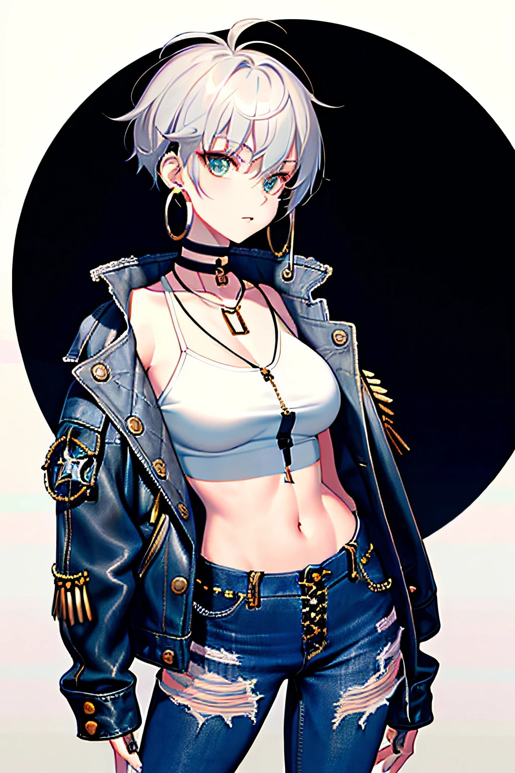 (masterpiece:1.2, best quality), 1lady, solo, upper body, Hair: buzz cut, Clothing: oversized, distressed denim jacket with patches and pins, paired with black skinny jeans and combat boots, Accessories: silver hoop earrings and a black choker necklace, Hanging out in an underground music venue or street art exhibit