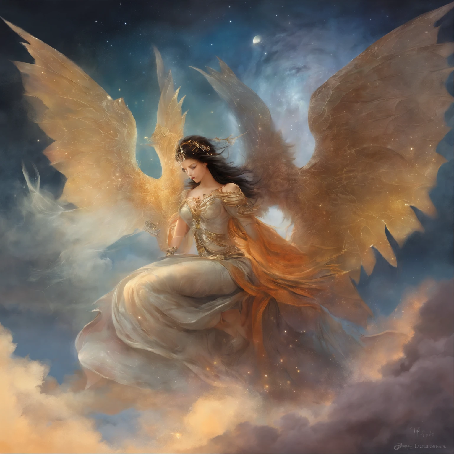 ((best quality)), ((masterpiece)), (detailed), alluring succubus, ethereal beauty, perched on a cloud, (fantasy illustration:1.3), enchanting gaze, captivating pose, delicate wings, otherworldly charm, mystical sky, (Luis Royo:1.2), (Yoshitaka Amano:1.1), moonlit night, soft colors, (detailed cloudscape:1.3), (high-resolution:1.2)