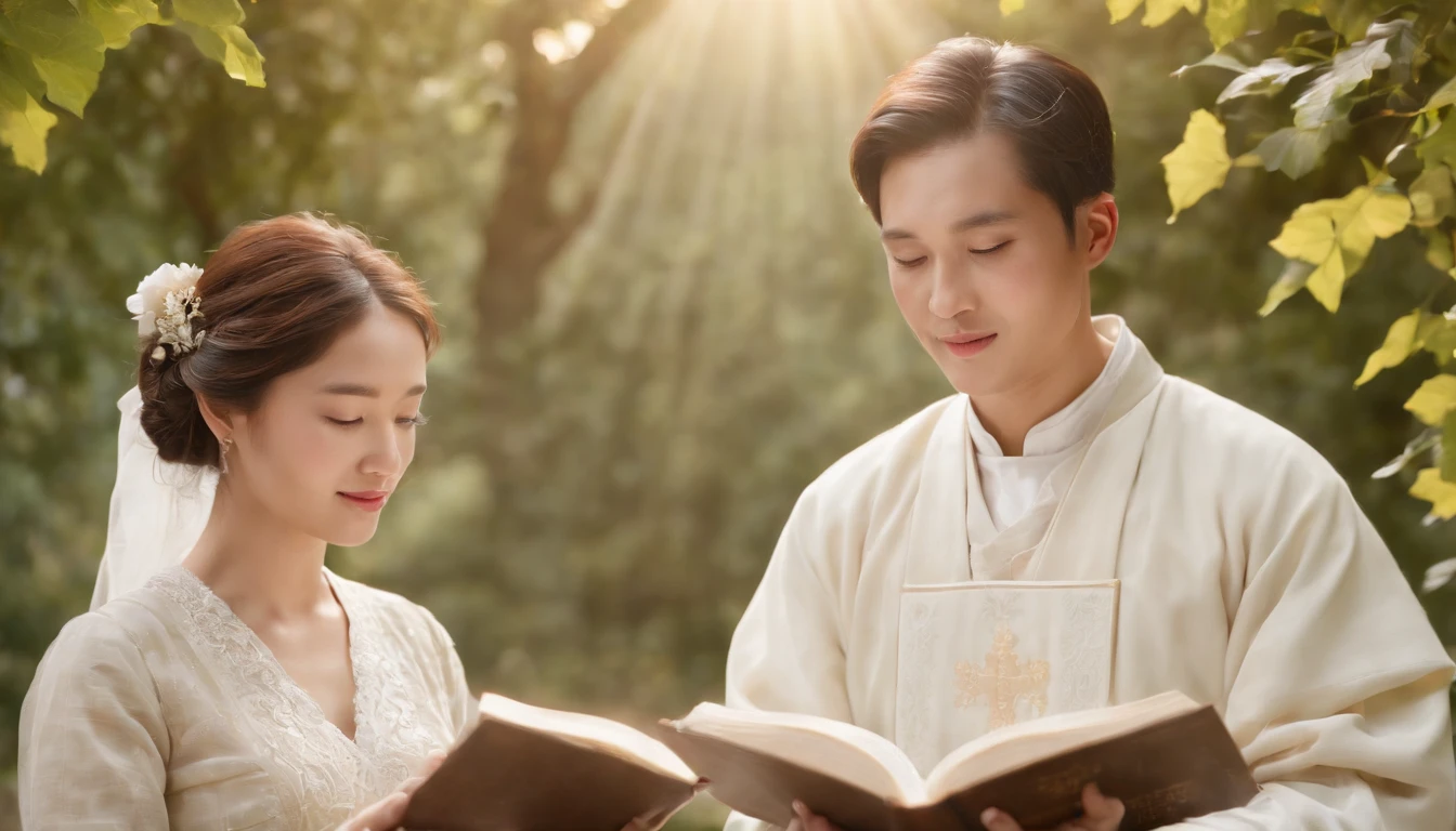 (Best Quality,Ultra-detailed,realisitic:1.37),portrait of a,Korean men and women reading the Bible,Oil Painting,Cathedral attire, View of the cathedral in the distance,Peaceful garden scene,Soft sunlight,tranquil expression,wisdom,Bible Quotes,vibrant colours,delicate brushwork,subtle textures,lush greenery,Contemplative atmosphere,Beautiful picture book,Highlighted features:Eyes in focus,gentle smiling,Graceful posture,Sunlight shining through the trees,rays,Quiet surroundings,serene ambiance,A Blessed Moment