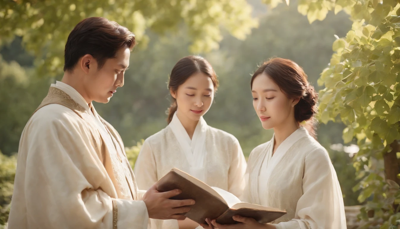 (Best Quality,Ultra-detailed,realisitic:1.37),portrait of a,Korean men and women reading the Bible,Oil Painting,Cathedral attire, View of the cathedral in the distance,Peaceful garden scene,Soft sunlight,tranquil expression,wisdom,Bible Quotes,vibrant colours,delicate brushwork,subtle textures,lush greenery,Contemplative atmosphere,Beautiful picture book,Highlighted features:Eyes in focus,gentle smiling,Graceful posture,Sunlight shining through the trees,rays,Quiet surroundings,serene ambiance,A Blessed Moment