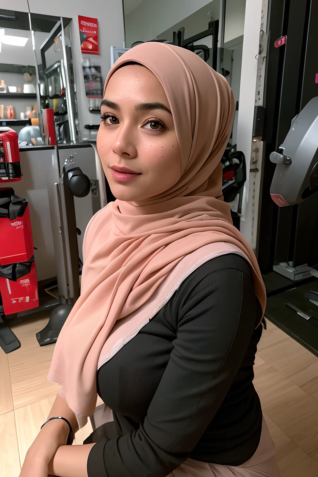 photo of malay girl wearing hijab, gym outfit, at the gym, (((big breasts, cleavage))),(((sexy midriff))), ((hourglass figure)), ((pastel color hijab)), lipstick, photorealistic, masterpiece, realistic, realism, photorealism, high contrast, photorealistic, 8k HD high definition detailed realistic, detailed, skin texture, hyper detailed, realistic skin texture, best quality, (photorealistic:1.4), high resolution, detailed, raw photo, photo realistic, (high detailed skin:1.2), 8k uhd, dslr, soft lighting, high quality, film grain, Fujifilm XT3), hyper realistic lifelike texture dramatic lighting unreal engine, even, neutral light, key light, bold, bright colours,