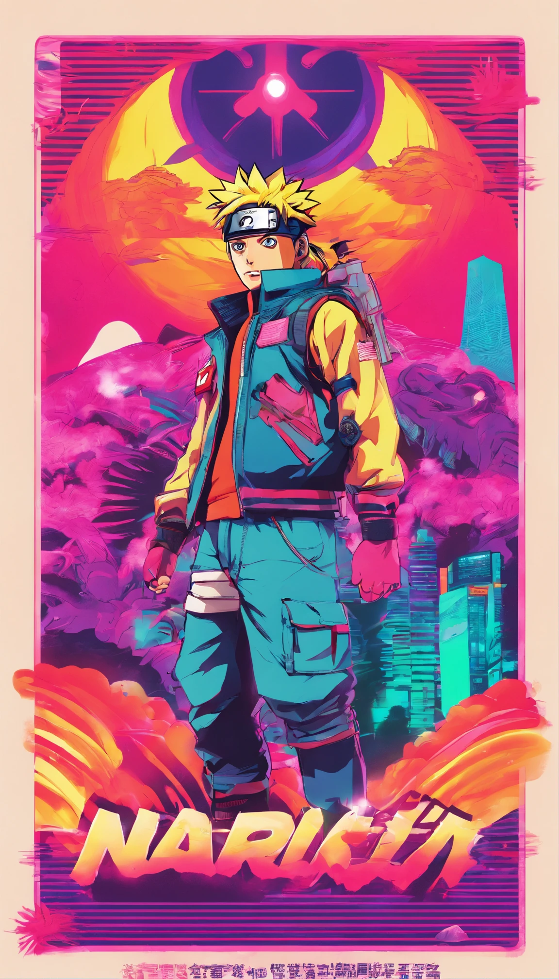 "Create an epic movie poster for a live-action adaptation of the Naruto anime, featuring a dynamic and action-packed scene with Naruto Uzumaki in the foreground, surrounded by other key characters like Sasuke, Sakura, and Kakashi. The poster should capture the essence of the ninja world with dramatic lighting and a captivating tagline."