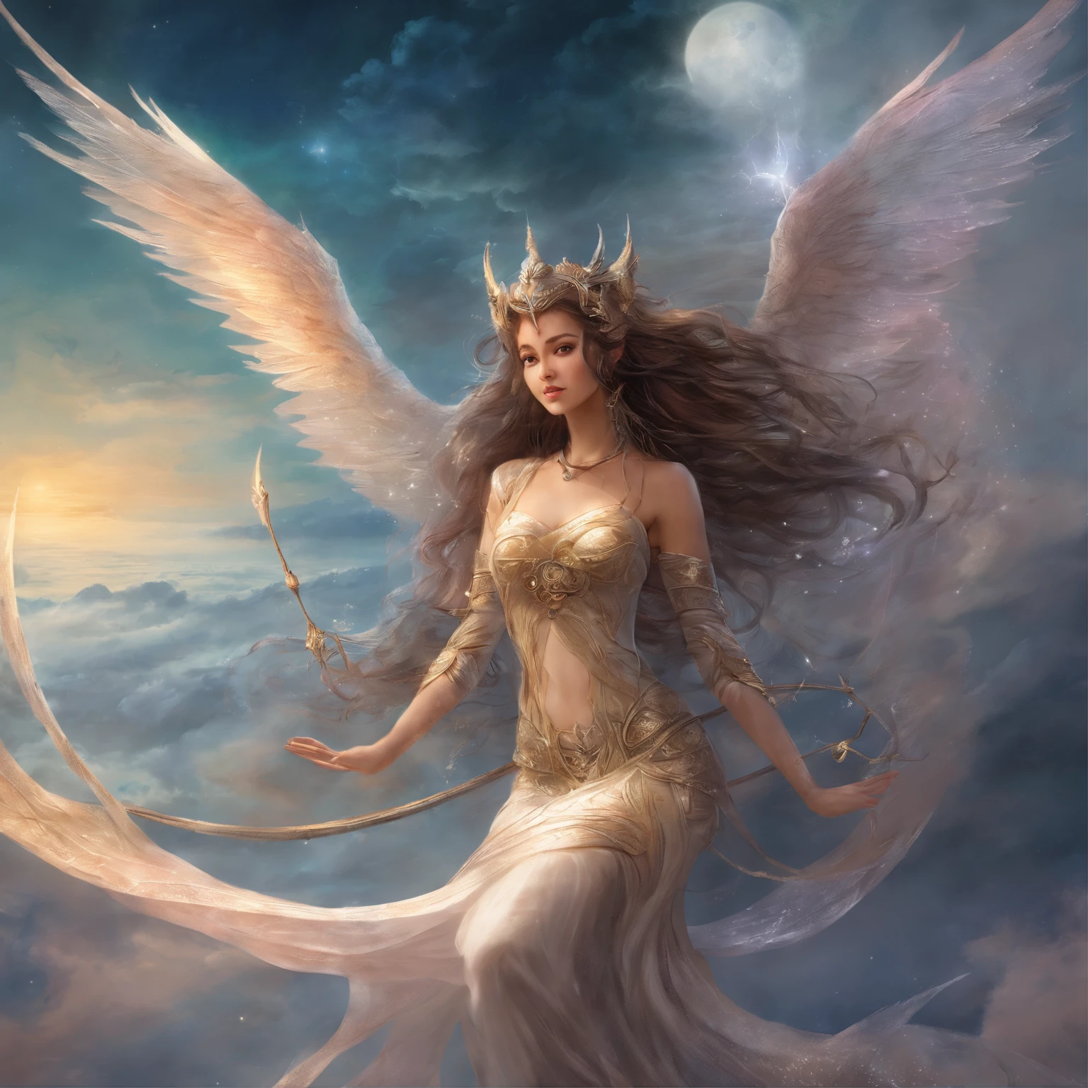 ((best quality)), ((masterpiece)), (detailed), alluring succubus, ethereal beauty, perched on a cloud, (fantasy illustration:1.3), enchanting gaze, captivating pose, delicate wings, otherworldly charm, mystical sky, (Luis Royo:1.2), (Yoshitaka Amano:1.1), moonlit night, soft colors, (detailed cloudscape:1.3), (high-resolution:1.2)