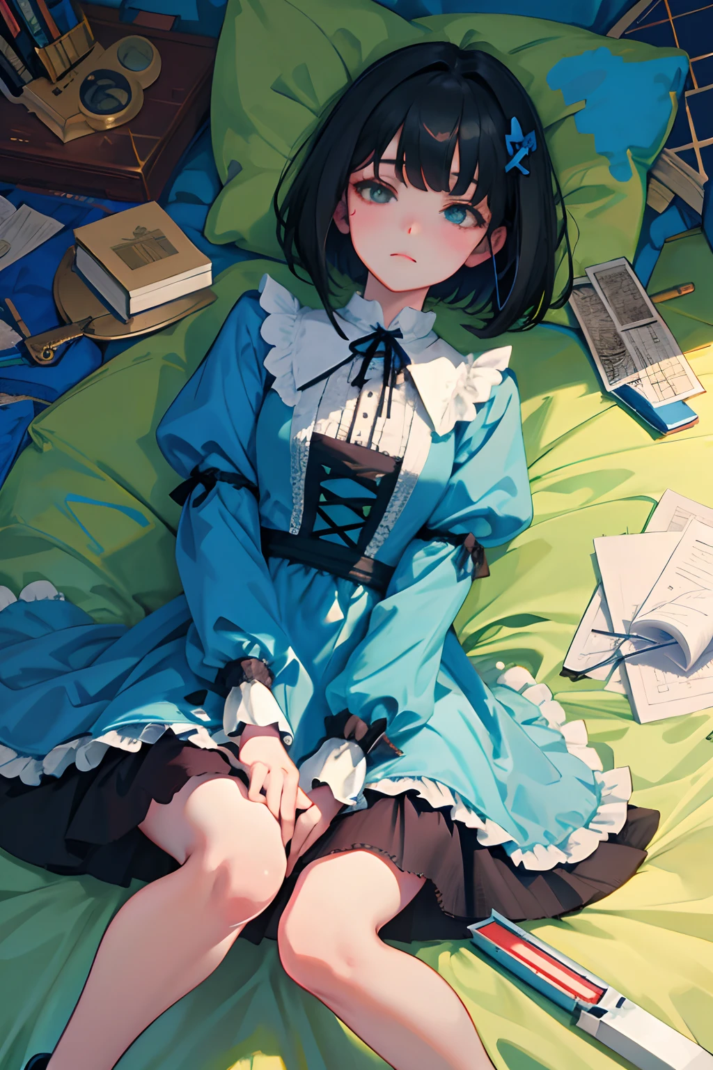 hand between legs，，（​masterpiece，Highest Quality），shortsleeves，Blue-green Gothic Lolita，Sleepy face，A dark-haired，Medium bob，utility knife