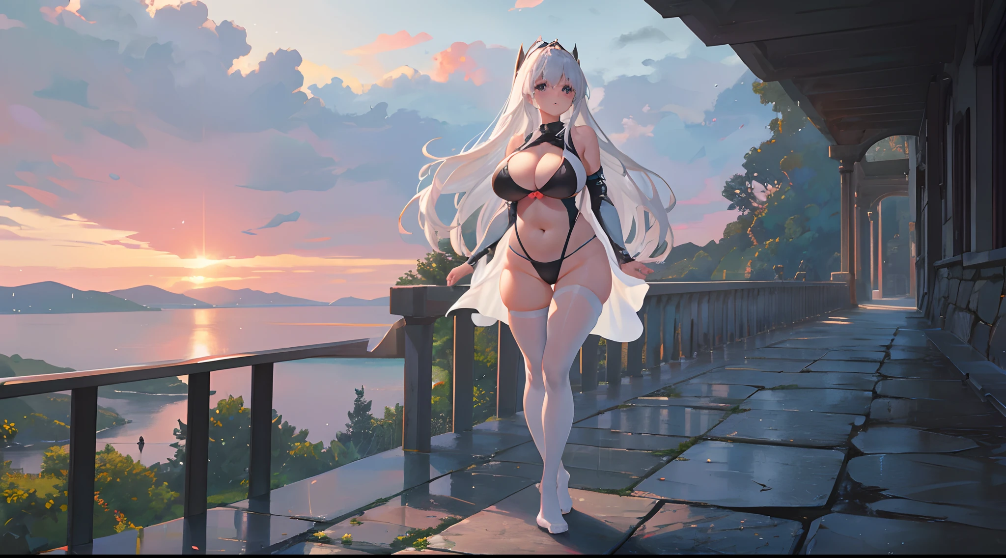 Stone corridor outside the cliff,Vista of an artificial lake,white pantyhose,black long hair,gigantic breasts,Plump thighs,Full body like, slingshot swimsuit,,no shoes,Stand at the edge of the corridor and gaze out at the view,Heavy rainy days,