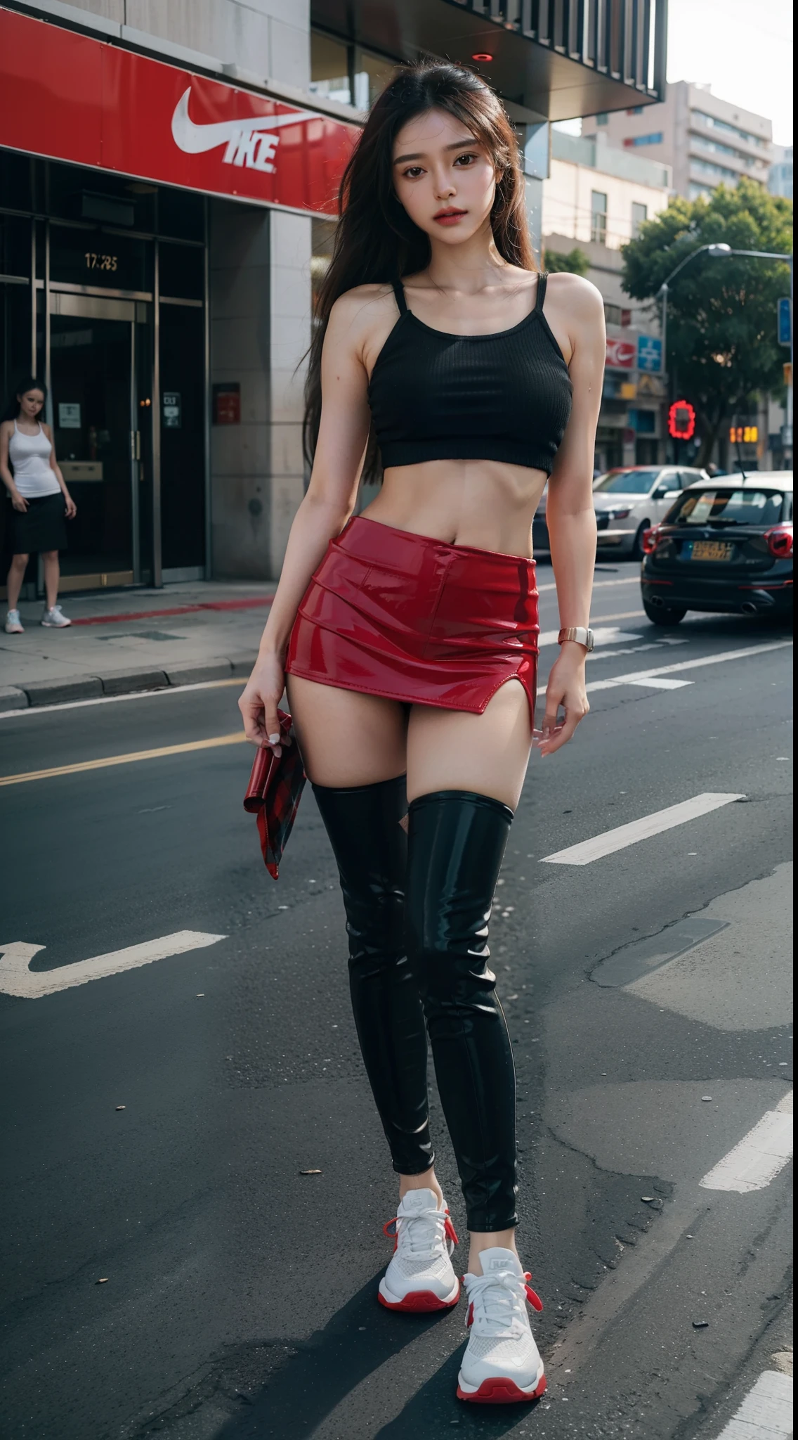 unreal engine:1.4,UHD,Best quality:1.4, photorealistic:1.4, skin texture:1.4, masterpiece:1.8,posing behind Ladybug, very sensual, with funkeira clothes, Brazilian, in the city apocalyptic cyberpunk, Brazil, funk dance, rolling, big, thick legs, Wear latex red bodysuit, showing a piece of, Micro Corto Curto, wear a mini blouse, navel with piercings, Nike sneakers, Long hair, Speaker behind, Red miniskirt, full body, beautiful fine hands,