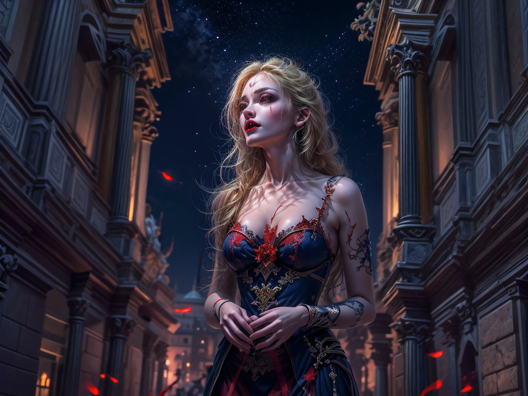 fantasy art, RPG art, photograph, RAW, (Ultra detailed: 1.5), Best Detailed, wide angle shot, picture of a vampire standing in St. Peter in the Vatican, full body, an exquisite beautiful woman, pale skin, red lips, (vampiric fangs: 1.2), blood veins visible, blond hair, long hair, wavy hair, red glowing eyes, wearing dark blue silk dress, high heels, standing in in Vatican city, at night, full moon, stars in the sky, St. Peter square background, best quality, (extremely detailed), ultra wide shot, photorealism, depth of field, hyper realistic, 2.5 rendering, model715