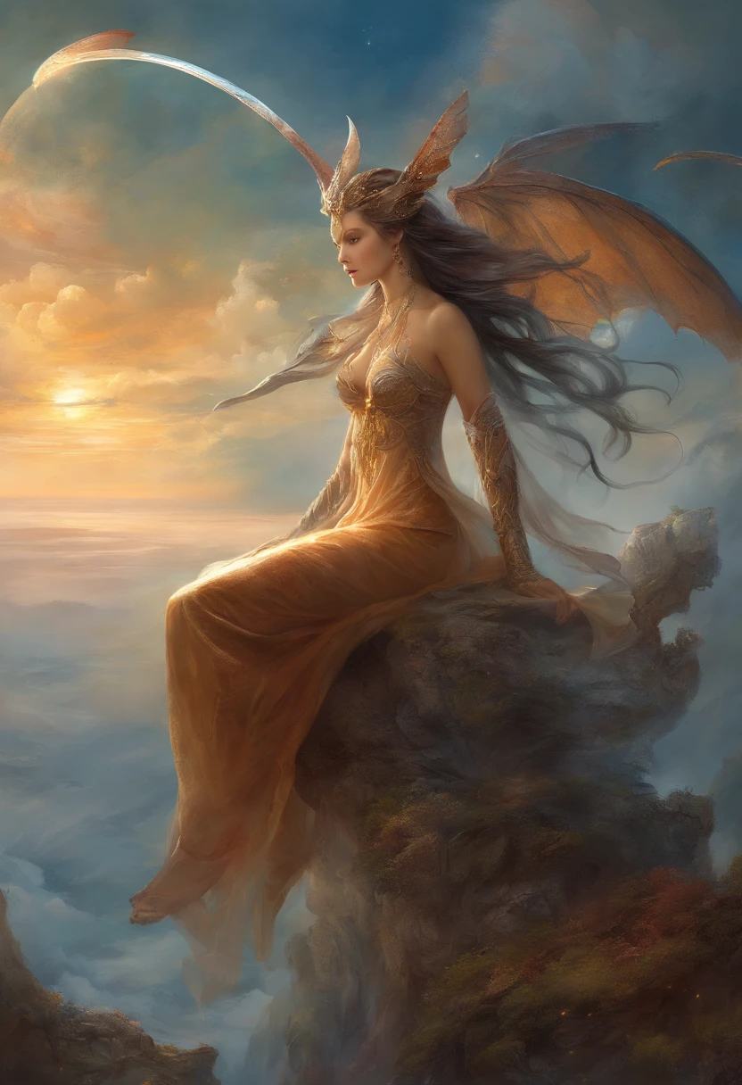 ((best quality)), ((masterpiece)), (detailed), alluring succubus, ethereal beauty, perched on a cloud, (fantasy illustration:1.3), enchanting gaze, captivating pose, delicate wings, otherworldly charm, mystical sky, (Luis Royo:1.2), (Yoshitaka Amano:1.1), moonlit night, soft colors, (detailed cloudscape:1.3), (high-resolution:1.2)