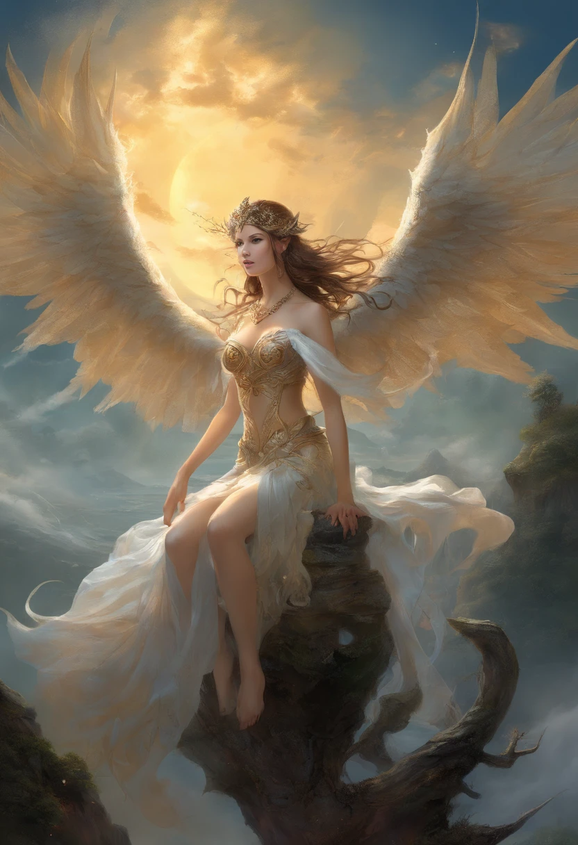((best quality)), ((masterpiece)), (detailed), alluring succubus, ethereal beauty, perched on a cloud, (fantasy illustration:1.3), enchanting gaze, captivating pose, delicate wings, otherworldly charm, mystical sky, (Luis Royo:1.2), (Yoshitaka Amano:1.1), moonlit night, soft colors, (detailed cloudscape:1.3), (high-resolution:1.2)