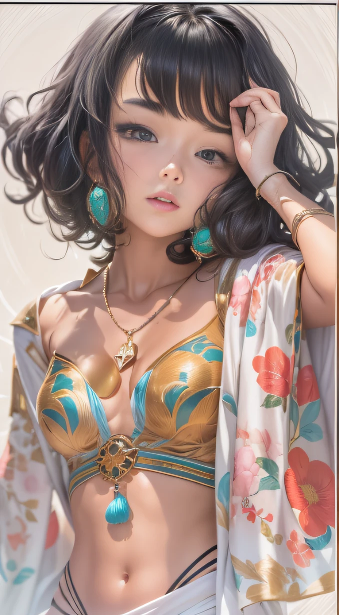 (Girl with bright black hair)(Best quality, A high resolution, Vivid colors, (Cartoon Goddess), (comic strip))Forged hammer pattern,Wear silver bikini fringed shorts and a tassel necklace
,oguchi,sedate,massiness,Shiny and warm,Flowing silk cape,Linen waist large flower bath towel