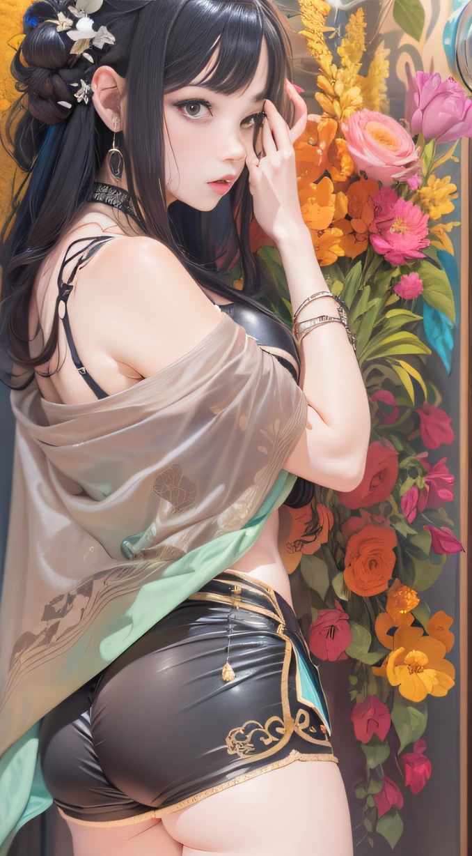 (Girl with bright black hair)(Best quality, A high resolution, Vivid colors, (Cartoon Goddess), (comic strip))Forged hammer pattern，Wear silver bikini fringed shorts and a tassel necklace
，oguchi，sedate，massiness，Shiny and warm，Flowing silk cape，Linen waist large flower bath towel