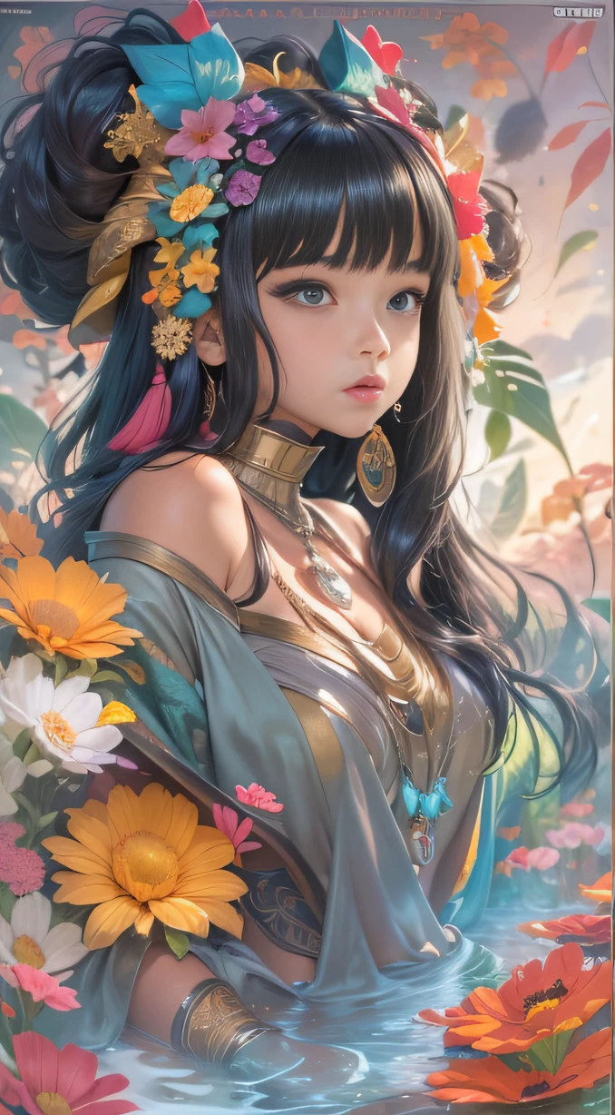 (Girl with bright black hair)(Best quality, A high resolution, Vivid colors, (Cartoon Goddess), (comic strip))Forged hammer pattern,Wear silver bikini fringed shorts and a tassel necklace
,oguchi,sedate,massiness,Shiny and warm,Flowing silk cape,Linen waist large flower bath towel