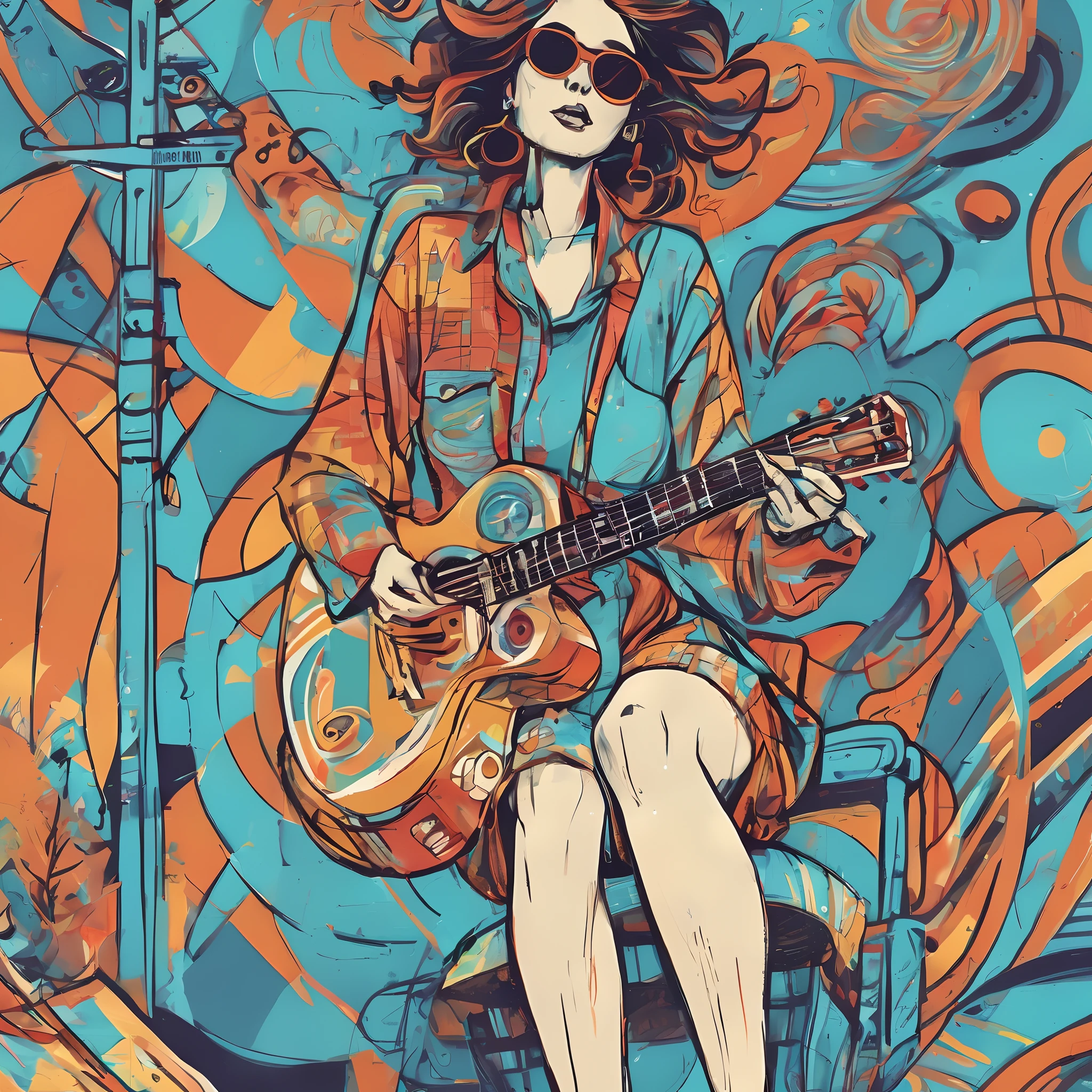 Painting of a woman with a guitar sitting in a chair, in illustration style digital, Jen Bartel, arte do Adobe Illustrator, illustration style, Em Estilo de Laurie Greasley, arte vetorial, do rock sonhadora, inspirado em Tim Doyle, extremely high quality artwork, estilo de arte vetorial, psychedelic concert poster, arte vetorial altamente detalhada, poster illustration, mixed media style illustration