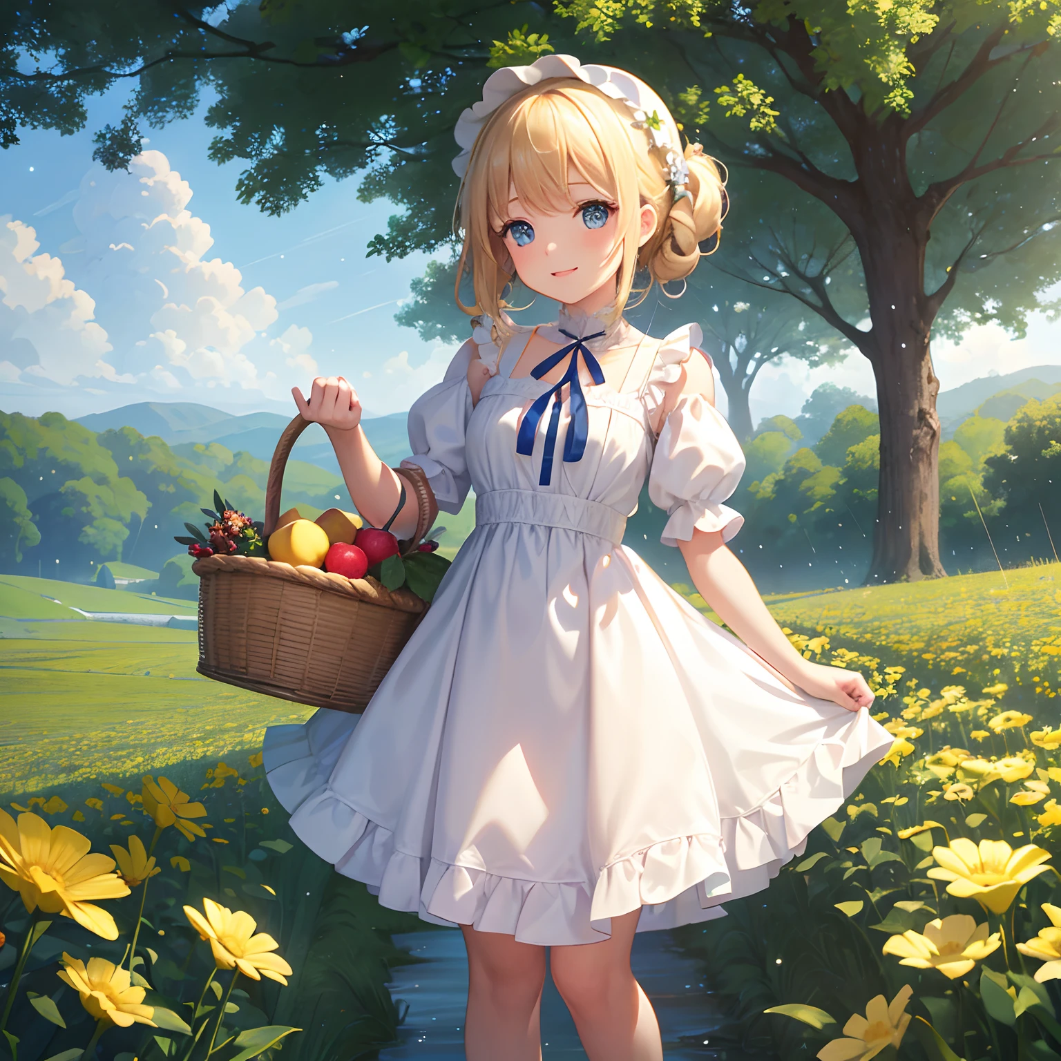 finest image, cute female, pick the fruits and put them in the basket, laugh, happy, shy, light blonde glossy updo braided iridescent hair style, sparkling blue big eyes, great proportion, medieval fluffy dress, looks like a French doll, background meadow on the hill, clear skies, sun and sunlight, rain and raindrops, professional lighting