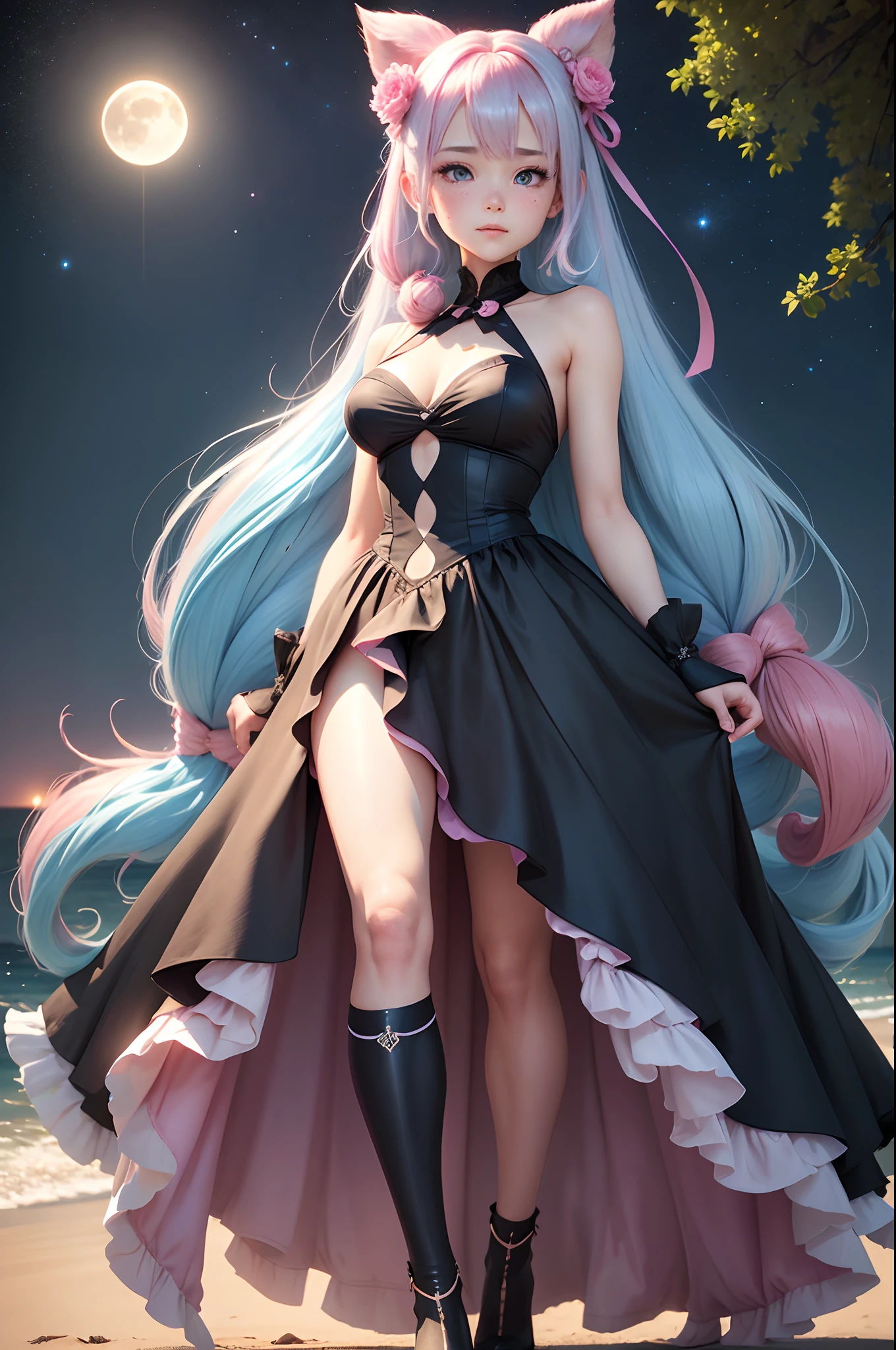 Film illumination, God ray, Full body lens (far view, from below, ), High quality, Award-winning, Best quality, High detail, 16K, 8K, Seaside (night, starry sky, moon) Mature female, standing, bent forward, hands behind back, bare skin on shoulders, medium breasts, black stockings, high heels, facing the lens (top light, metering), hair bow (pink: 0.8 and light blue: 0.7), flower on head, split ends double ponytail (long hair, very long hair, Very long hair: 1.2, light blue and pink hair, colored inner hair, hair between the eyes,) pink eyes (pupils sparkling ,), smile (shyness, blush, moles under the mouth, full face blushing,),