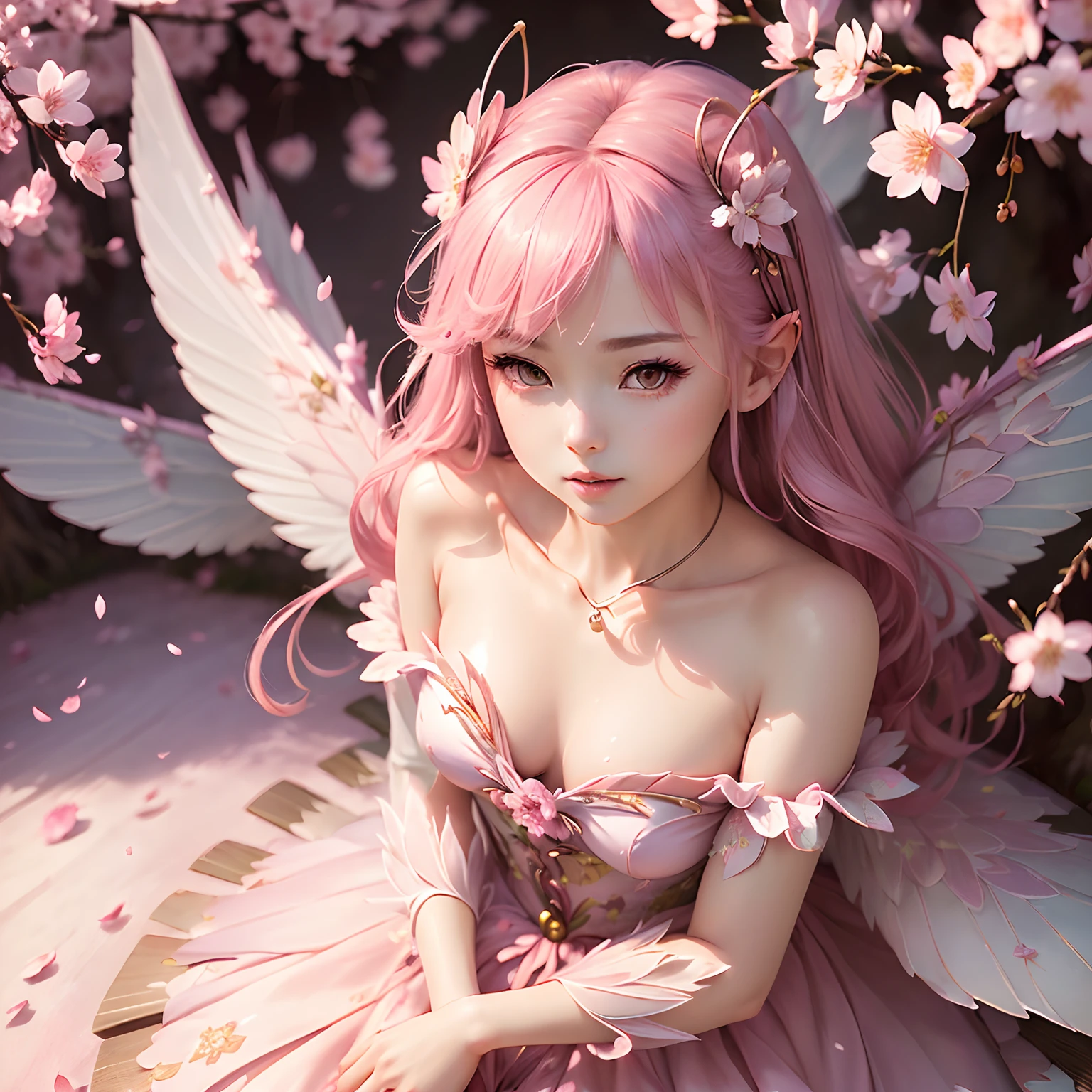(Best Quality,Ultra-detailed,Realistic:1.37)、Spring Fairy、An 18-year-old woman、Spring personification、(Sharp eyes:1.5)、Bewitching look、Fairy with wings、(Flashy clothes with cherry blossom motifs、Emphasizing the characteristics of cherry blossoms)、(Lots of cherry blossom petals flutter:1.5)、Spring landscape、Full body