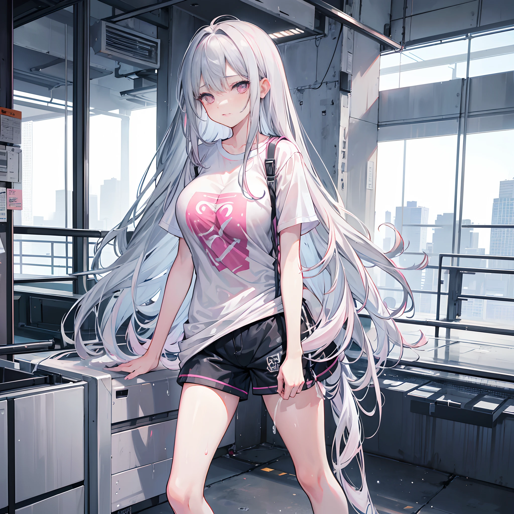 Long gray-blue hair scattered,Hair straightening,Pink eyes,Loving pupils,girl,huge tit,White sports shorts,white short sleeve,Clothes drenched in sweat,Stand a word horse,