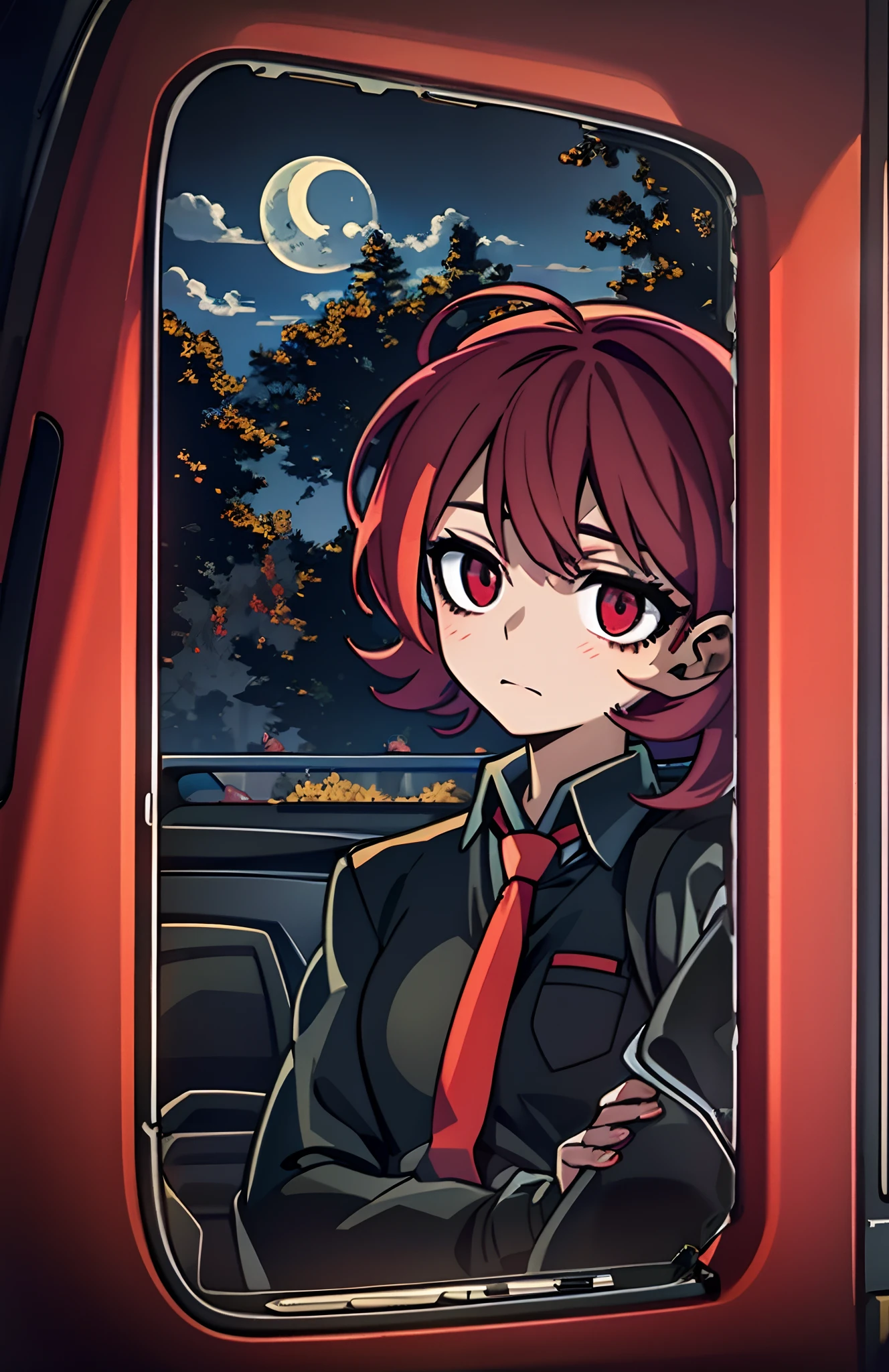 Tomboy leaning against the car window，looks into camera，A faint smile，There is the moon，Wine red hair，Cold white skin，Black shirt，red necktie，Hold your chest with your right hand，The other hand naturally droops