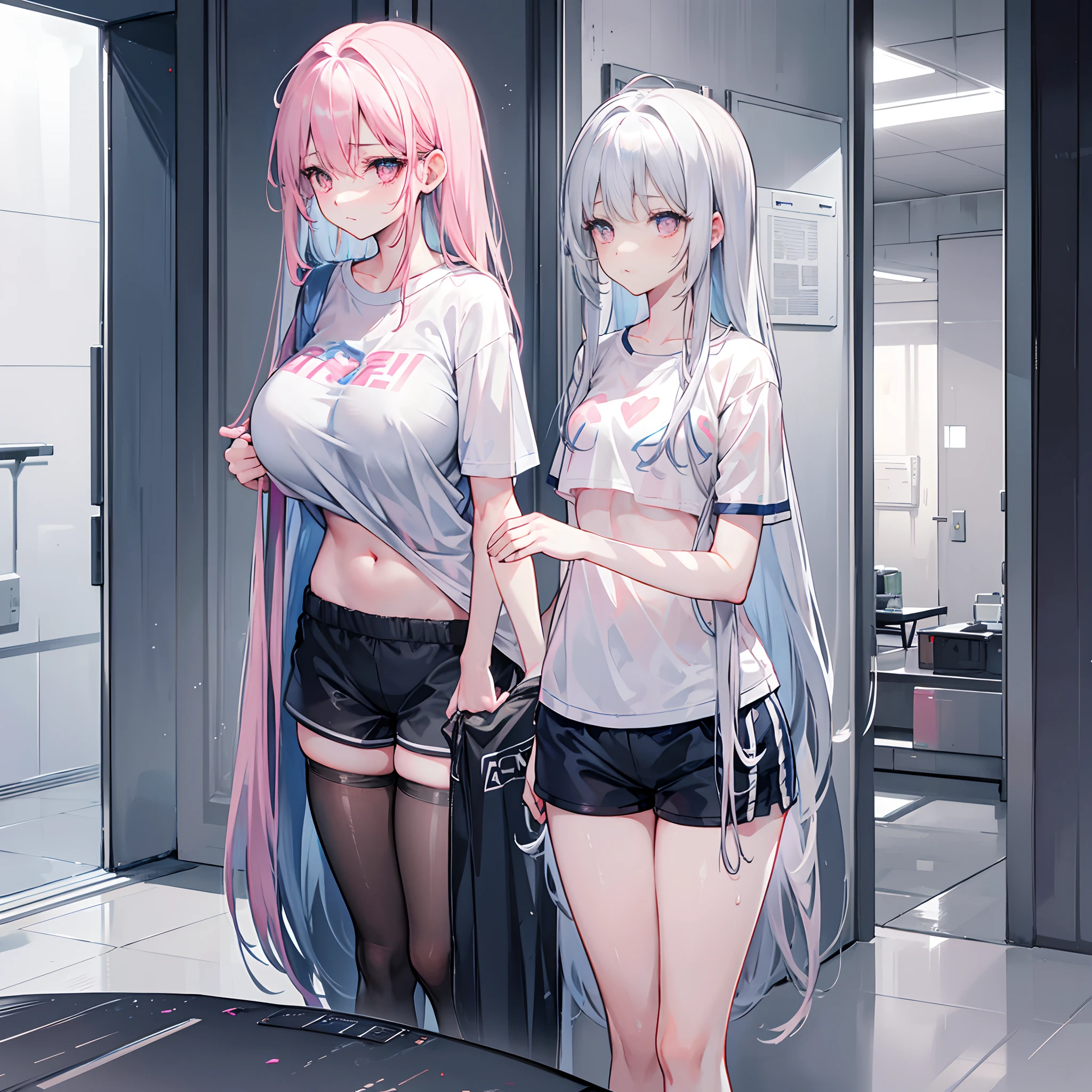 Long gray-blue hair scattered，Hair straightening，Pink eyes，Loving pupils，girl，huge tit，White sports shorts，white short sleeve，Clothes drenched in sweat，Stand a word horse，