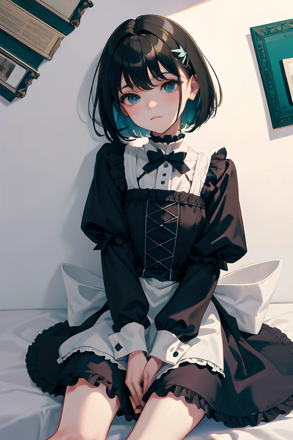 turn around，(child)，（masterpiece，Top quality)，Black Lolita Clothes，black hair，Lakeside