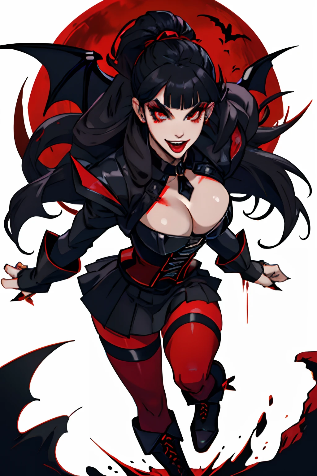 Woman, pale skin, black long hair with bangs,red eyes, black corset, black mini skirt, big nails, black boots, black makeup, black makeup shadow, black eyeliner, black circles, dark circles, blood dripping from the mouth, vampire teeth, lips red blood, vampire outfit, vampire woman, big eyelashes, seductive eyes, eyes red, psychopath face, psychopath vampire,