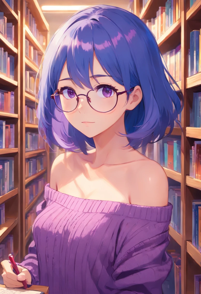 Blue hair is long, violet eyes, eyeglasses, purple off-the-shoulder sweater, menino, but very thin and looks like a girl, Beautiful bookshelves in the background