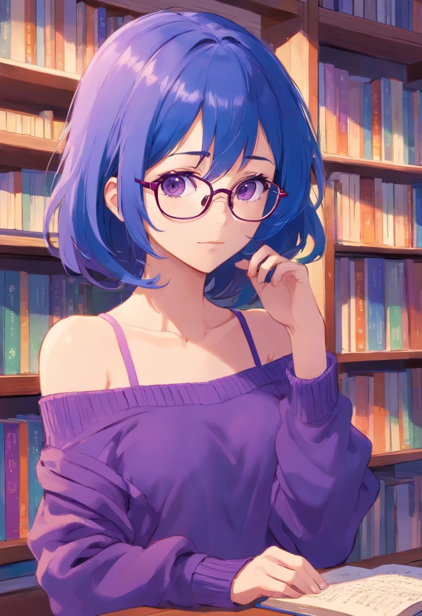 Blue hair is long, violet eyes, eyeglasses, purple off-the-shoulder sweater, , but very thin and looks like a girl, Beautiful bookshelves in the background