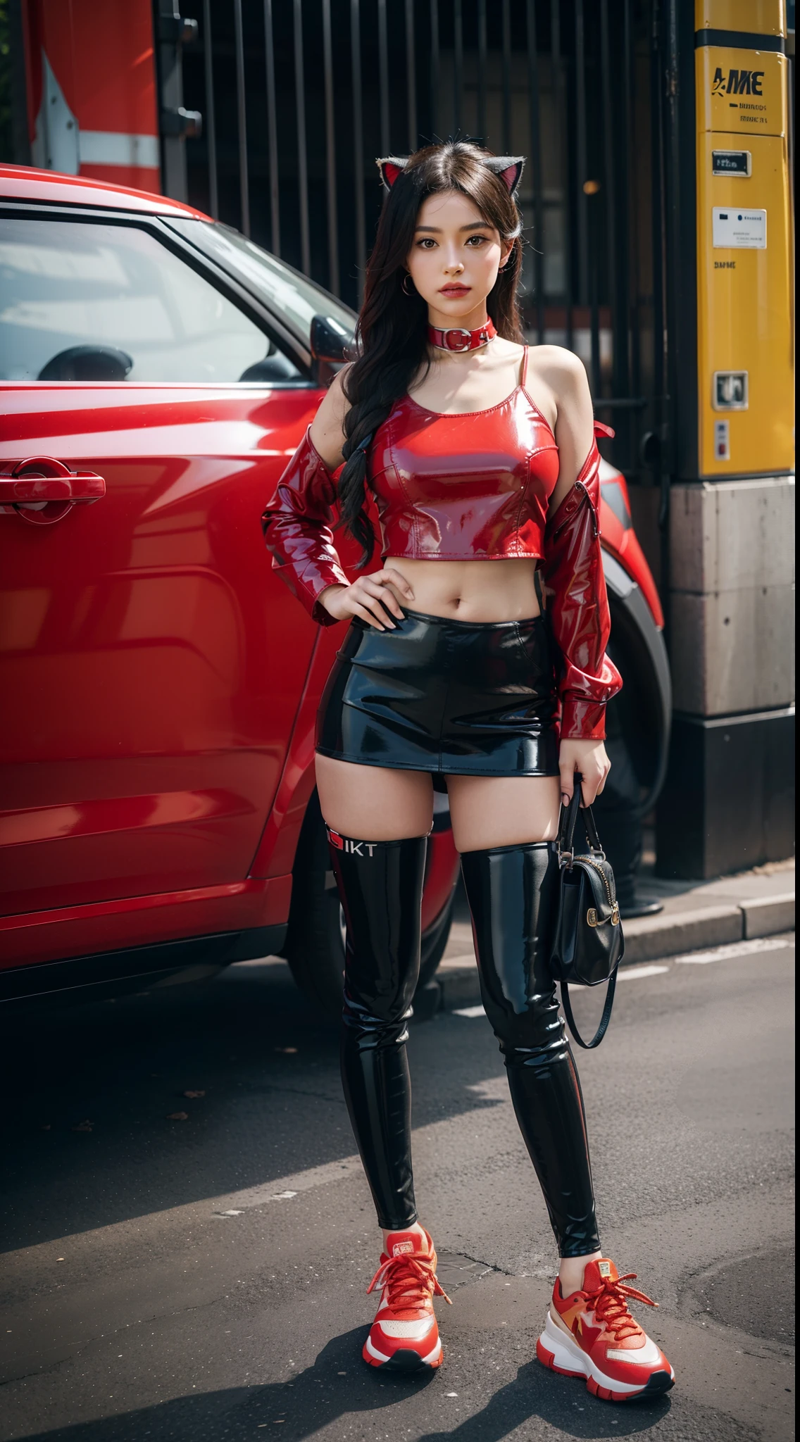 unreal engine:1.4,UHD,Best quality:1.4, photorealistic:1.4, skin texture:1.4, masterpiece:1.8, Miraculous: Tales Of Ladybug & Cat Noir, Miraculous, Cat Noir, medium brest, posing behind Ladybug, very sensual, with funkeira clothes, Brazilian, in the city apocalyptic cyberpunk, Paris , funk dance, rolling, big, thick legs, Wear latex red bodysuit, showing a piece of, Micro Corto Curto, wear a mini blouse, navel with piercings, Nike sneakers, Long hair, Speaker behind, Red miniskirt, full body, beautiful fine hands,
