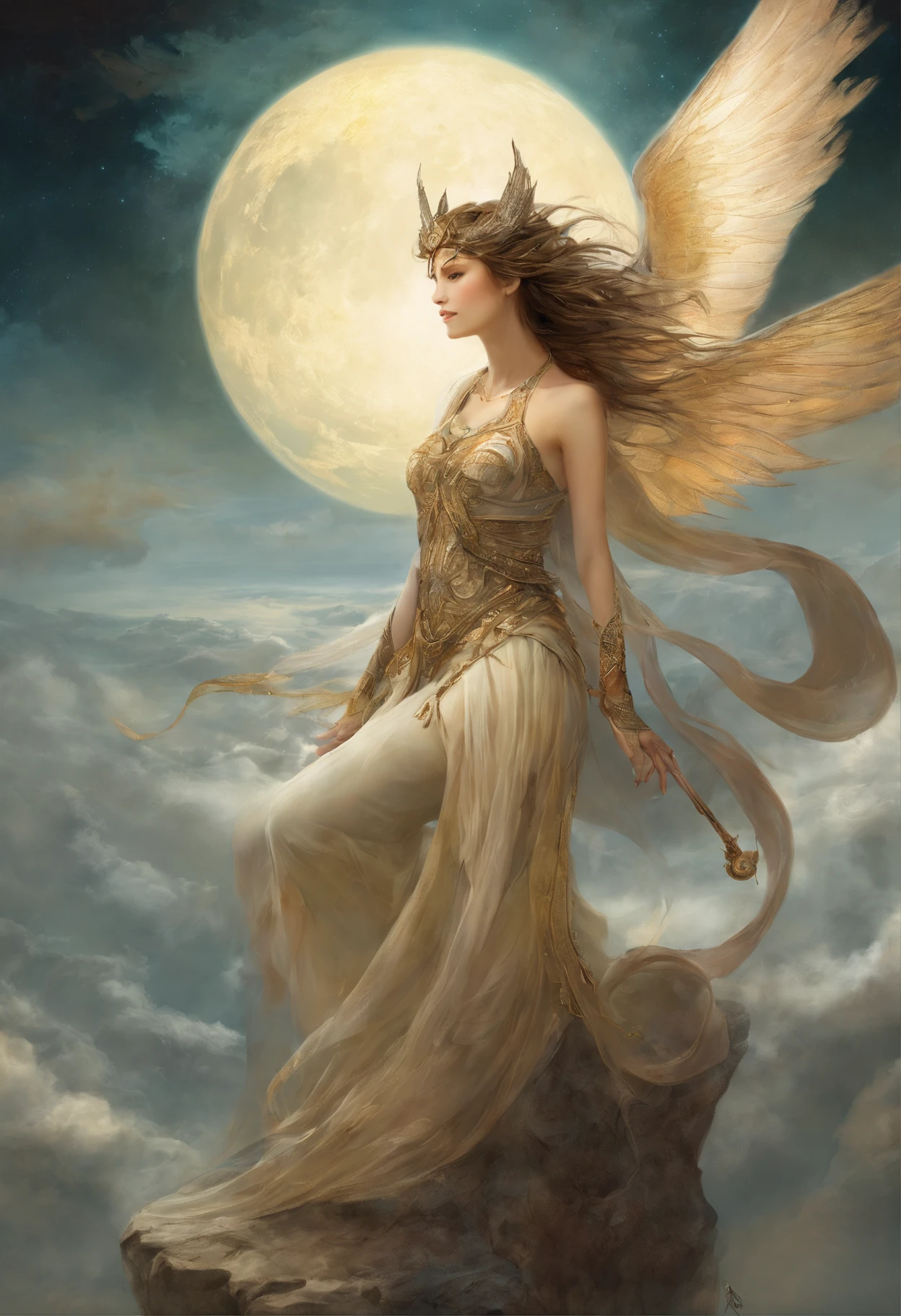 ((best quality)), ((masterpiece)), (detailed), alluring succubus, ethereal beauty, perched on a cloud, (fantasy illustration:1.3), enchanting gaze, captivating pose, delicate wings, otherworldly charm, mystical sky, (Luis Royo:1.2), (Yoshitaka Amano:1.1), moonlit night, soft colors, (detailed cloudscape:1.3), (high-resolution:1.2)