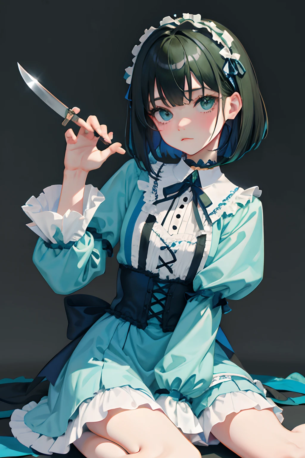 hand between legs,,(masterpiece,Highest Quality),shortsleeves,Blue-green Gothic Lolita,Sleepy face,A dark-haired,Medium bob,utility knife