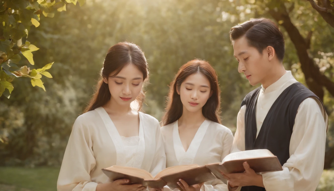 (Best Quality,Ultra-detailed,realisitic:1.37),portrait of a,Korean men and women reading the Bible,Oil Painting,Cathedral attire, View of the cathedral in the distance,Peaceful garden scene,Soft sunlight,tranquil expression,wisdom,Bible Quotes,vibrant colours,delicate brushwork,subtle textures,lush greenery,Contemplative atmosphere,Beautiful picture book,Highlighted features:Eyes in focus,gentle smiling,Graceful posture,Sunlight shining through the trees,rays,Quiet surroundings,serene ambiance,A Blessed Moment