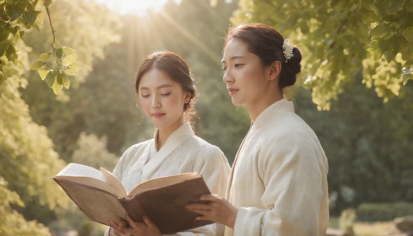(Best Quality,Ultra-detailed,realisitic:1.37),portrait of a,Korean men and women reading the Bible,Oil Painting,Cathedral attire, View of the cathedral in the distance,Peaceful garden scene,Soft sunlight,tranquil expression,wisdom,Bible Quotes,vibrant colours,delicate brushwork,subtle textures,lush greenery,Contemplative atmosphere,Beautiful picture book,Highlighted features:Eyes in focus,gentle smiling,Graceful posture,Sunlight shining through the trees,rays,Quiet surroundings,serene ambiance,A Blessed Moment