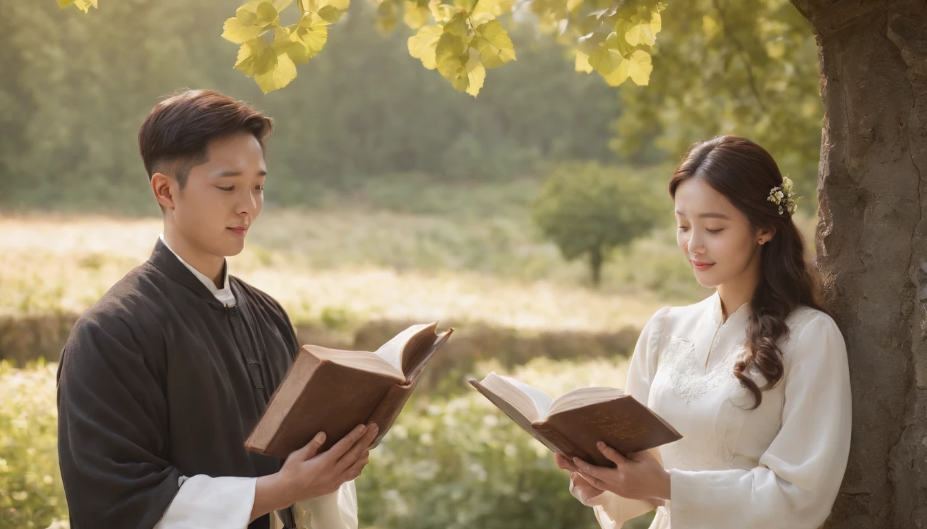 (Best Quality,Ultra-detailed,realisitic:1.37),portrait of a,Korean men and women reading the Bible,Oil Painting,Cathedral attire, View of the cathedral in the distance,Peaceful garden scene,Soft sunlight,tranquil expression,wisdom,Bible Quotes,vibrant colours,delicate brushwork,subtle textures,lush greenery,Contemplative atmosphere,Beautiful picture book,Highlighted features:Eyes in focus,gentle smiling,Graceful posture,Sunlight shining through the trees,rays,Quiet surroundings,serene ambiance,A Blessed Moment