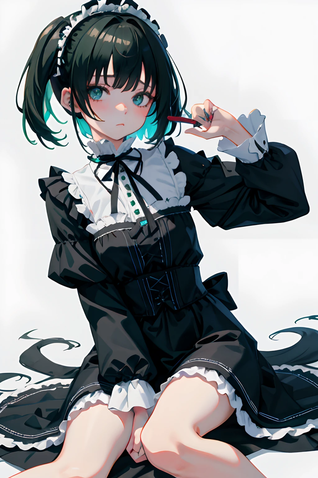 hand between legs，child，（​masterpiece，Highest Quality），shortsleeves，Blue-green Gothic Lolita，Sleepy face，A dark-haired，Medium bob，utility knife