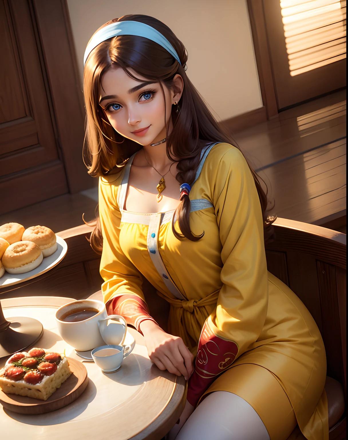 Cute girl blue eyes, long brown hairs, smooth face, yellow shalwar and kameez, red lipstick, beautiful hair style, smile on face, beautiful hair clip on her head, sitting on a luxury dinning table and breads and coffee and jam on table