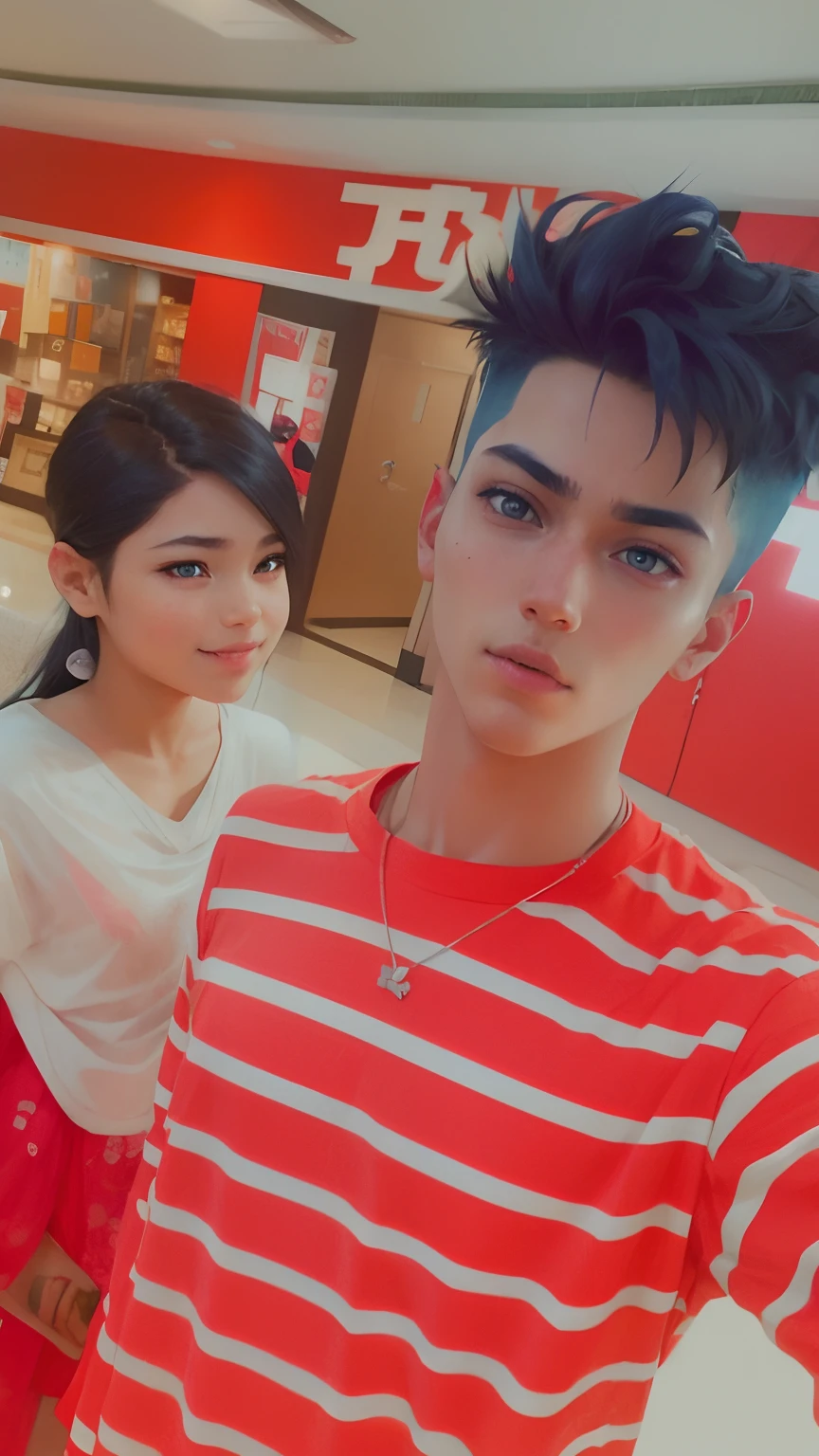 Manga style, finely detailed, left boy , boy with blue hair, blue eyes, cute , right girl , cute , detailed, perfect. Finely detailed eyes and face expression, left side girl , long hair .