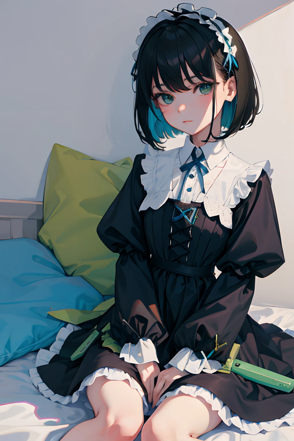 hand between legs,child,(masterpiece,Highest Quality),shortsleeves,Blue-green Gothic ta,Sleepy face,A dark-haired,Medium bob,utility knife,Small scissors