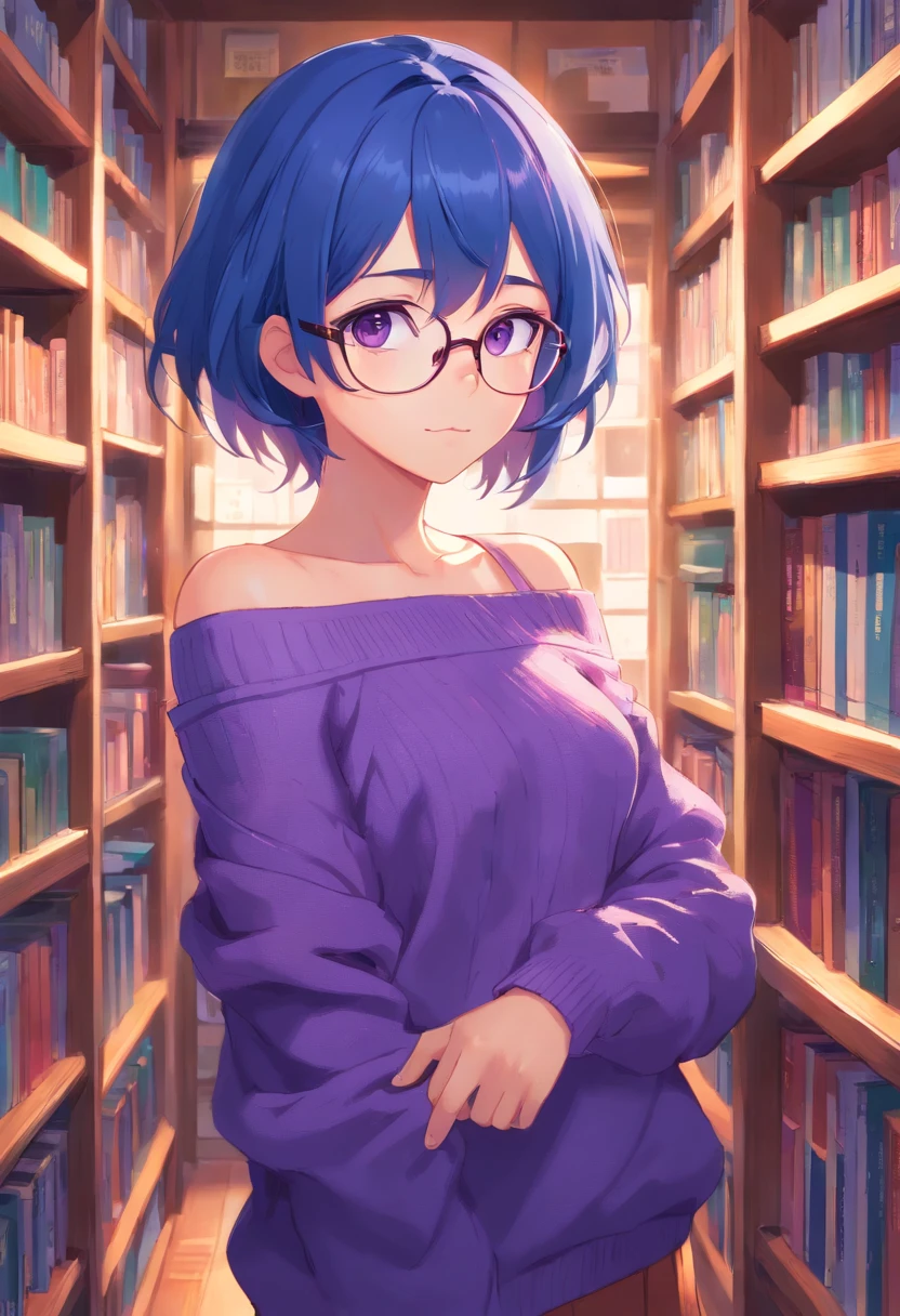 blue hair is long, violet eyes, eyeglasses, purple off-the-shoulder sweater, menino, but very thin and looks like a girl, Beautiful bookshelves in the background, Elf Boy, Elf Boy