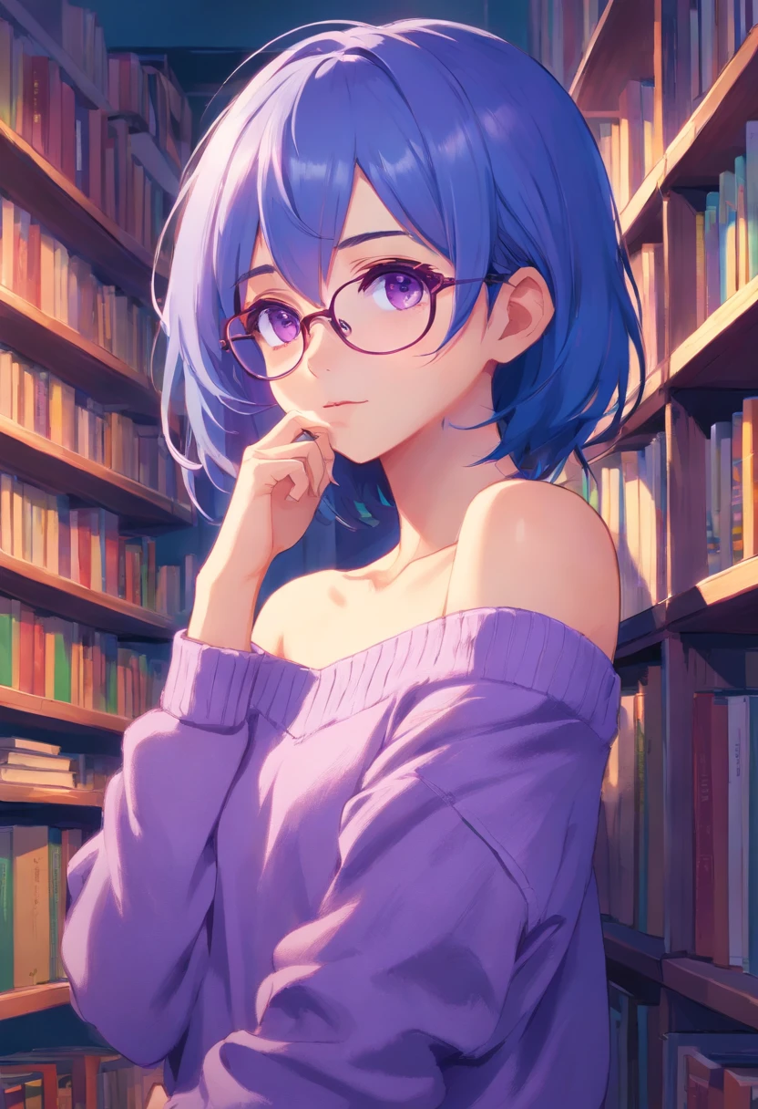 blue hair is long, violet eyes, eyeglasses, purple off-the-shoulder sweater, menino, but very thin and looks like a girl, Beautiful bookshelves in the background, Elf Boy, Elf Boy